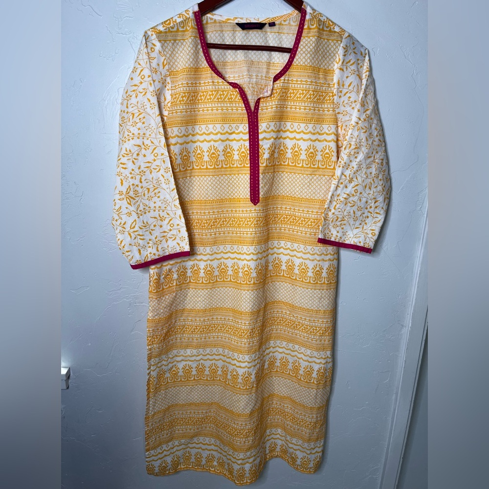 Traditional Yellow‎ and White Ethnic-Saree Tunic Dress from India